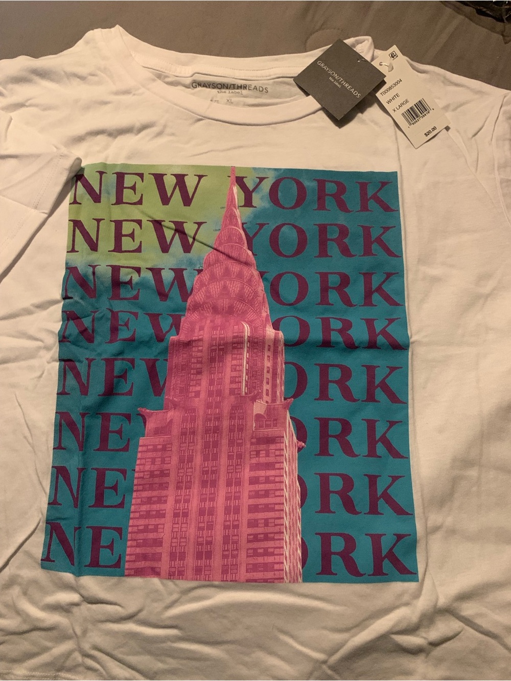Grayson Threads White Tee with Pink & Teal New York Graphic
